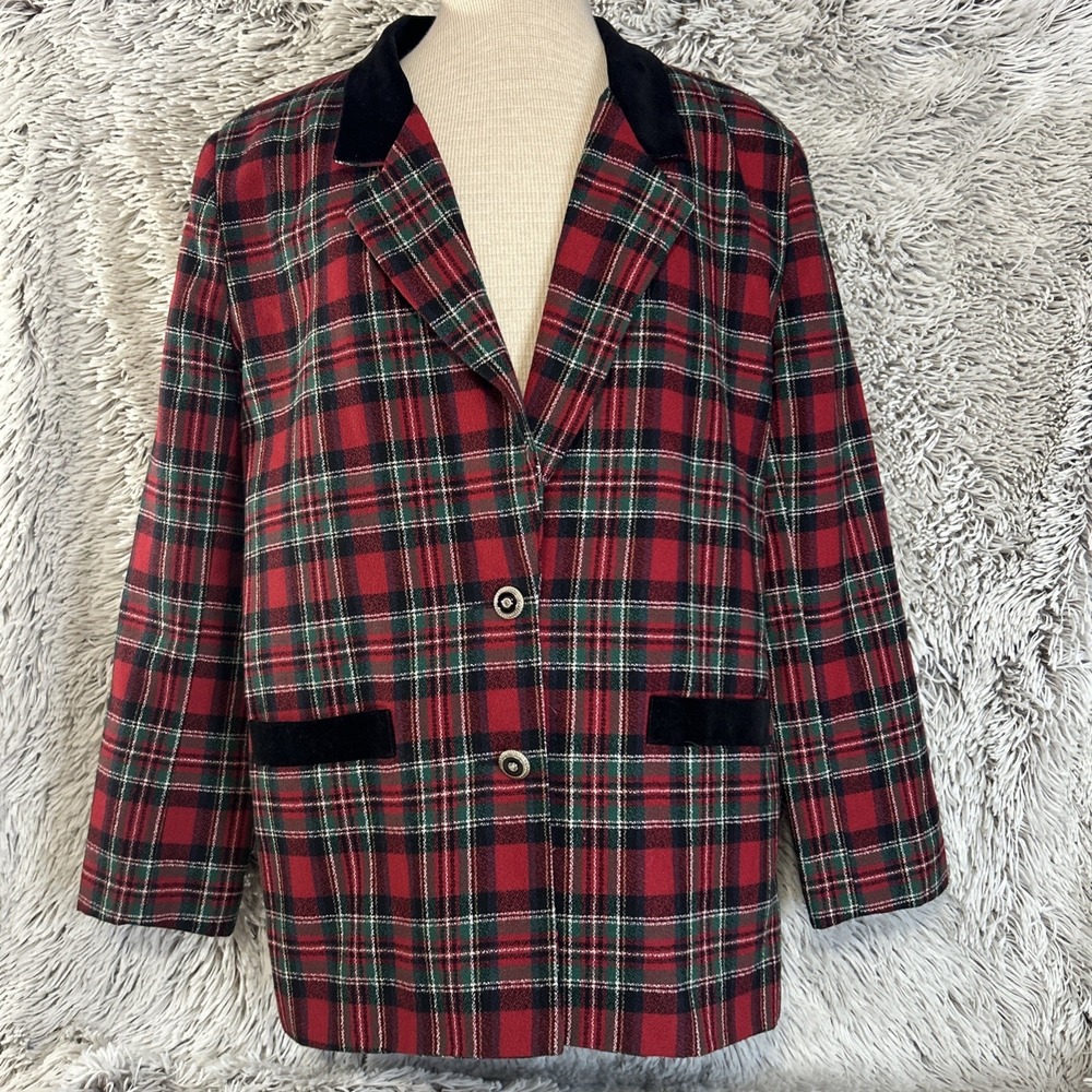 Vtg Graff California Wool Blend Blazer Tartan Plaid Velvet Collar Academia Sz 12